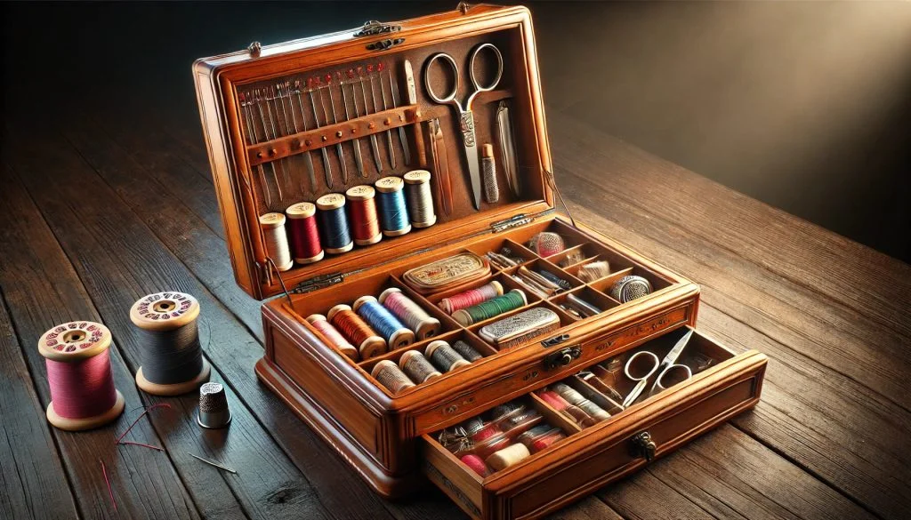 a wooden box with sewing tools and spools of thread